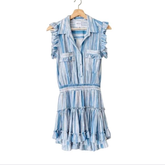 Misa Los Angeles Carlota Mini Dress Womens XS Blue White Stripe Ruffle Tiered - Picture 2 of 12